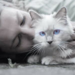 Woman kissing white cat