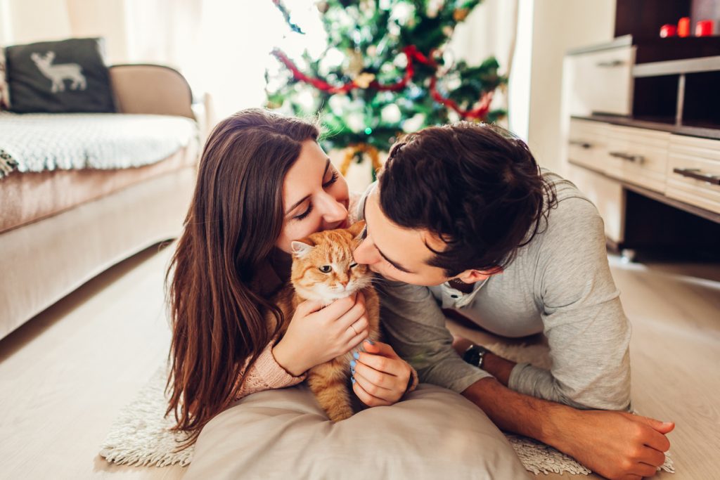 Man and woman kissing cat