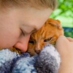 Girl cuddling ginger cat