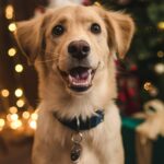 Dog standing in front of Christmas tree