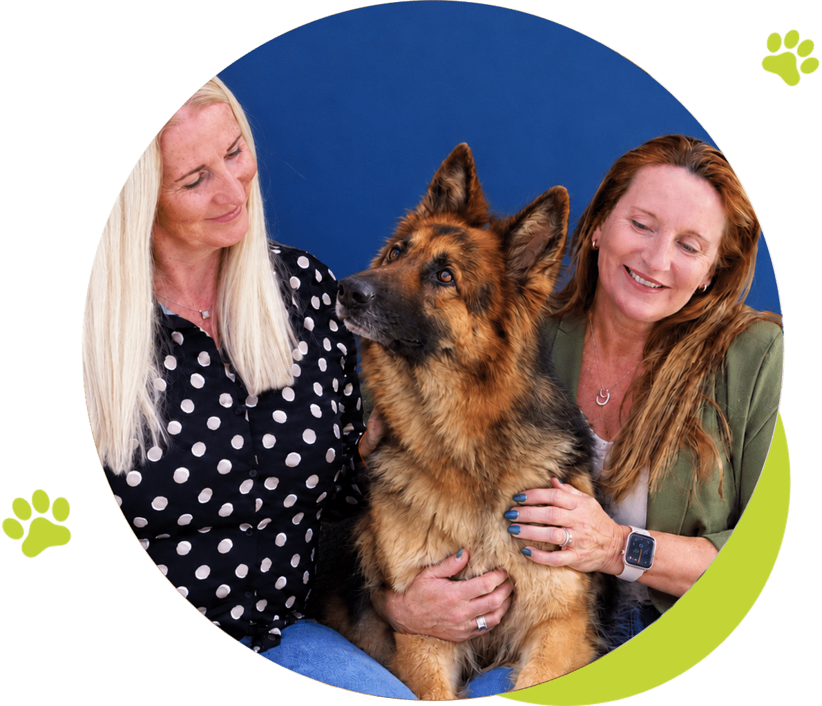 Lisbet Stuer-Lauridsen and Amber Synnott, founders of Cloud 9 Vets, with a German Shepherd
